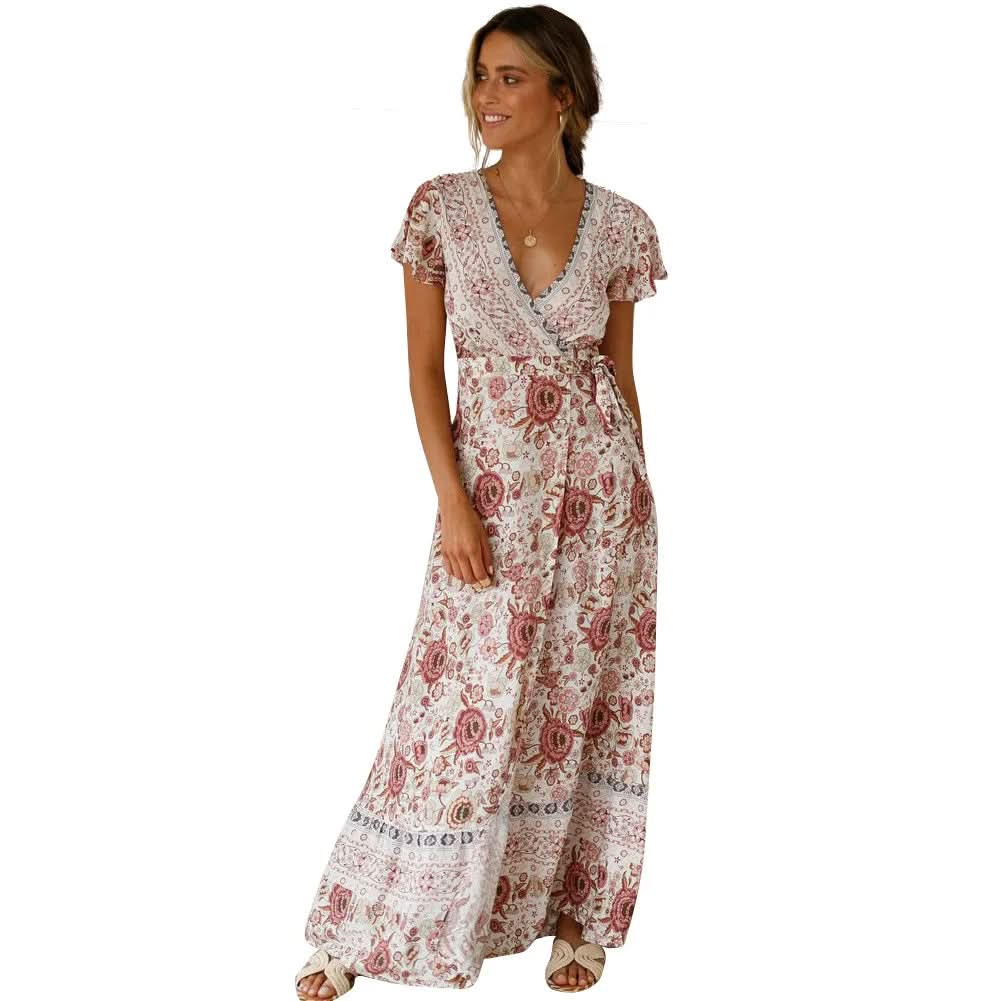 Robe longue fleurie romantique à col en V et coupe portefeuille – Élégance bohème estivale