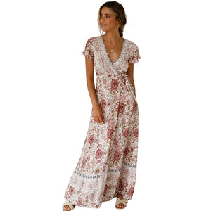 Robe longue fleurie romantique à col en V et coupe portefeuille – Élégance bohème estivale