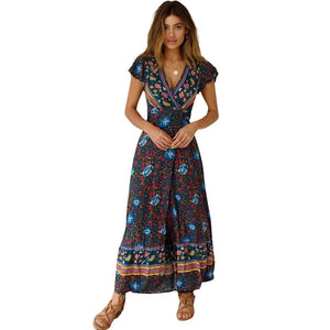 Robe longue fleurie romantique à col en V et coupe portefeuille – Élégance bohème estivale
