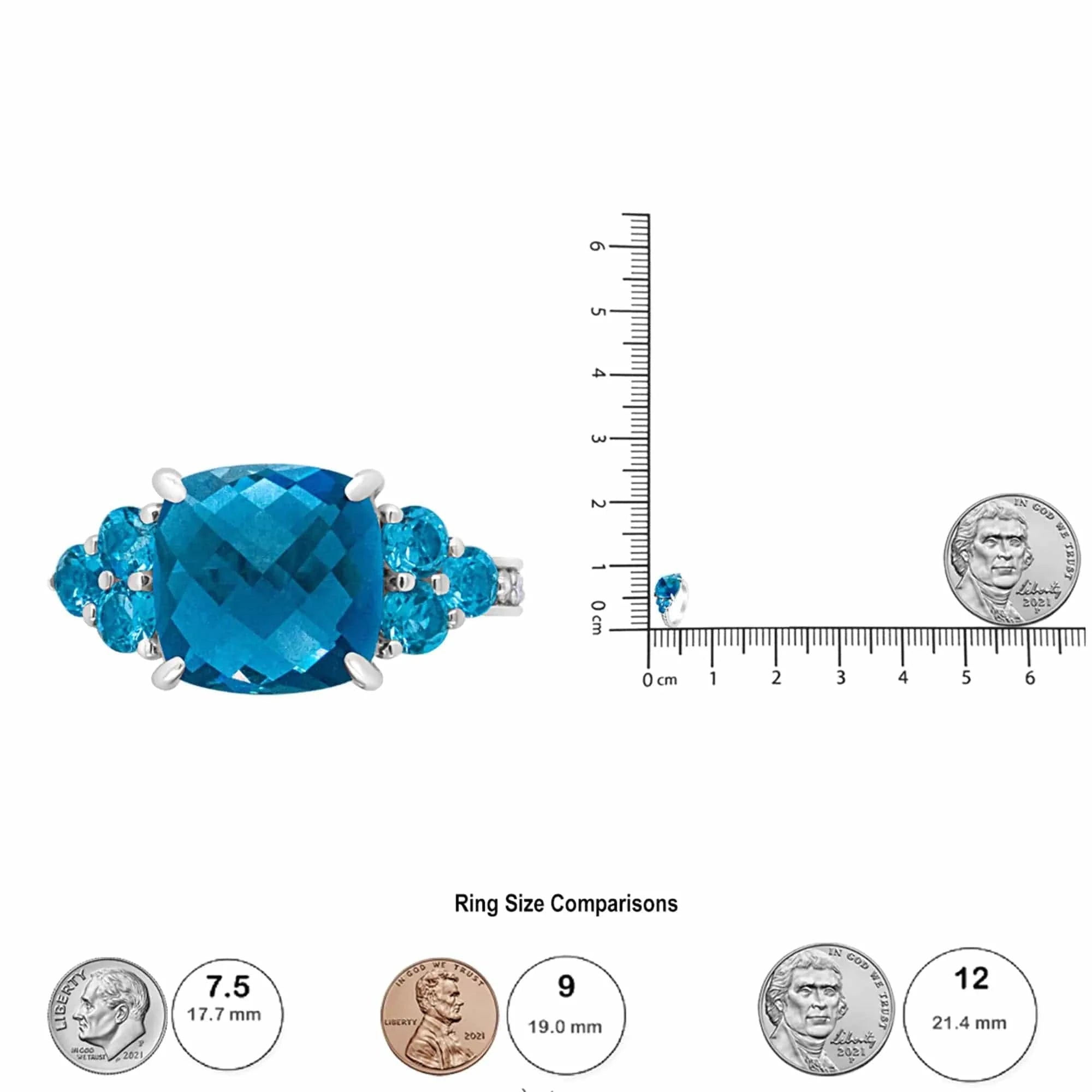 Bague en or blanc 18 carats, 10 mm, sertie d'une topaze bleue taille coussin et de diamants 1/6 ct (couleur FG, pureté VS1-VS2)