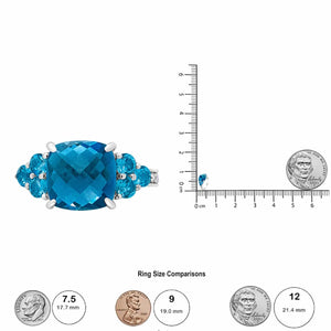 Bague en or blanc 18 carats, 10 mm, sertie d'une topaze bleue taille coussin et de diamants 1/6 ct (couleur FG, pureté VS1-VS2)