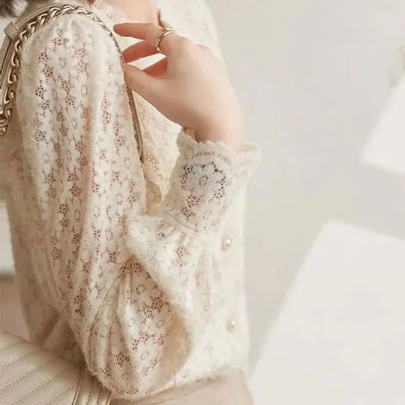 Women Lace ShirtsWomen Lace Shirts – Elegant Long Sleeve Pearl Blouse