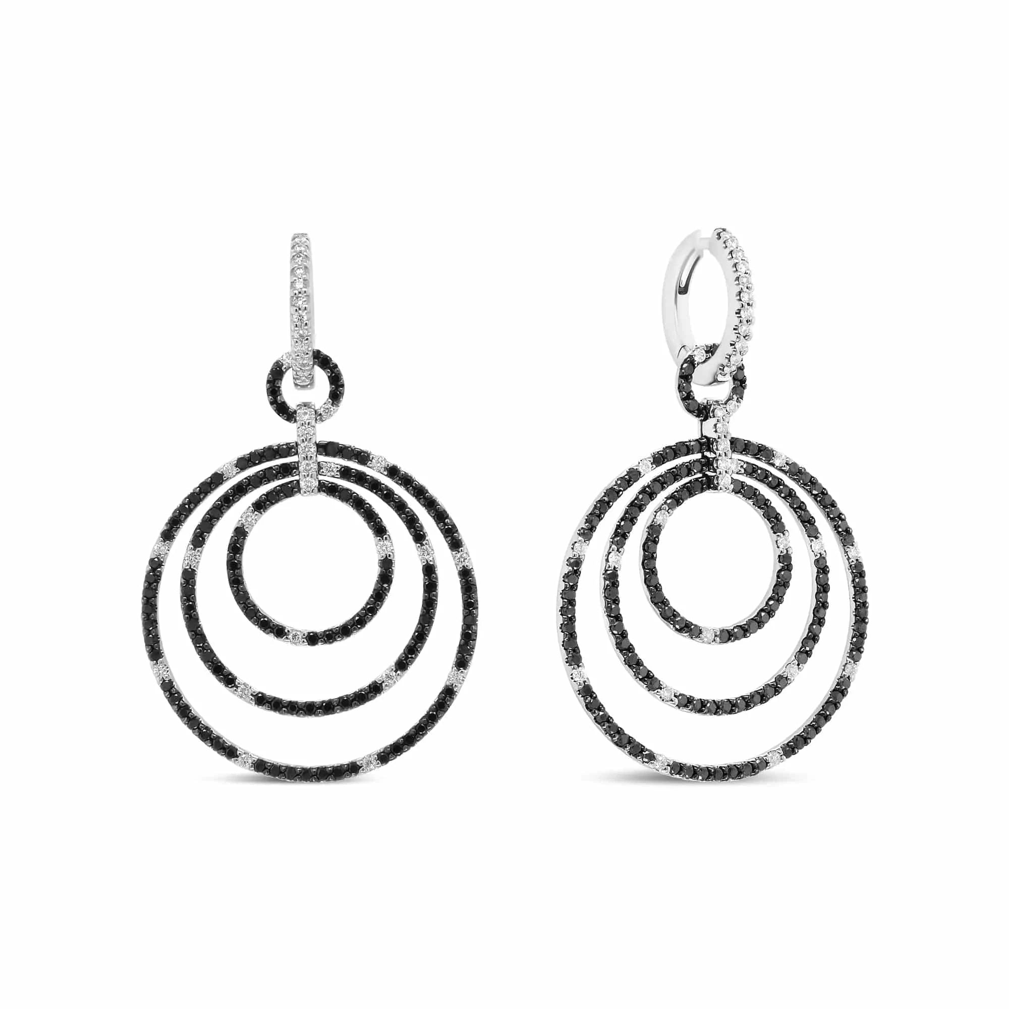 Boucles d'oreilles créoles rondes en or blanc 18 carats, 2 1/3 ct, diamants noirs et blancs gradués (couleurs noir et FG, pureté VS1-VS2)
