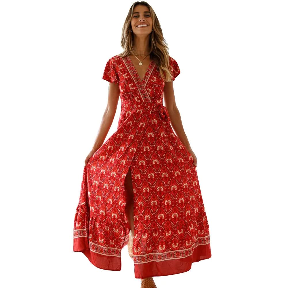 Robe longue fleurie romantique à col en V et coupe portefeuille – Élégance bohème estivale