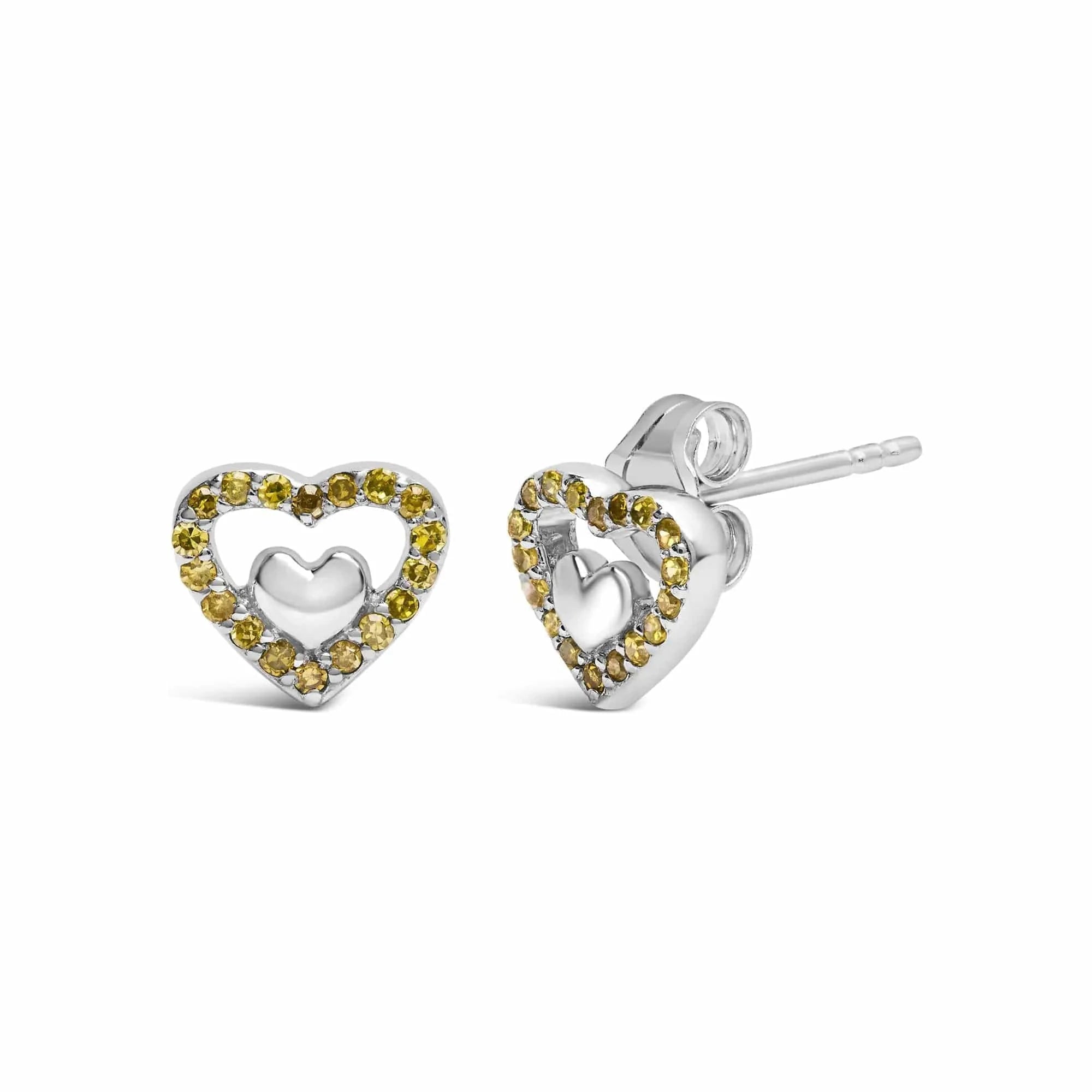 Boucles d'oreilles à tige en argent sterling 925 avec diamants de 1/6 ct et double cœur ouvert - Couleur de diamant au choix