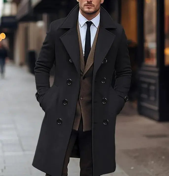 Classic Double-Breasted Men’s Wool Coat – Long, Warm & Tailored for Fall/Winter