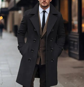 Classic Double-Breasted Men’s Wool Coat – Long, Warm & Tailored for Fall/Winter