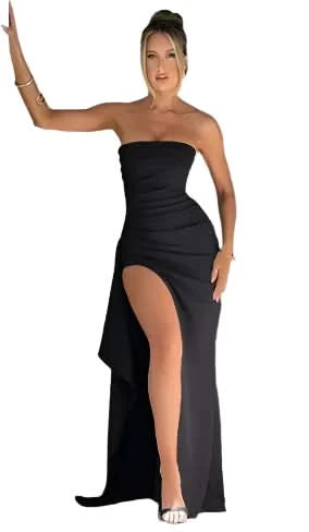 Strapless Asymmetrical High Split Maxi Dress