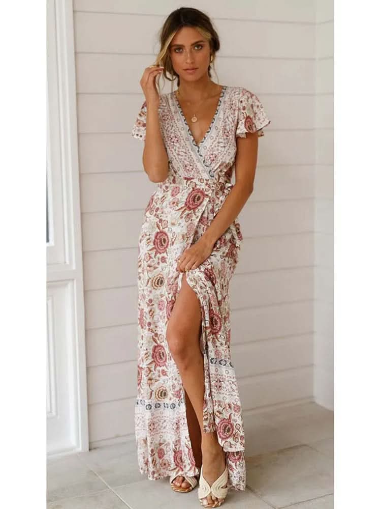 Robe longue fleurie romantique à col en V et coupe portefeuille – Élégance bohème estivale