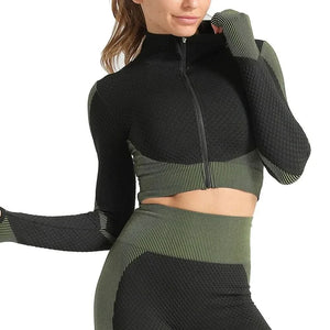 Ensemble de sport patchwork haut de gamme pour femme – Tenue de yoga en nylon respirant (haut et legging)