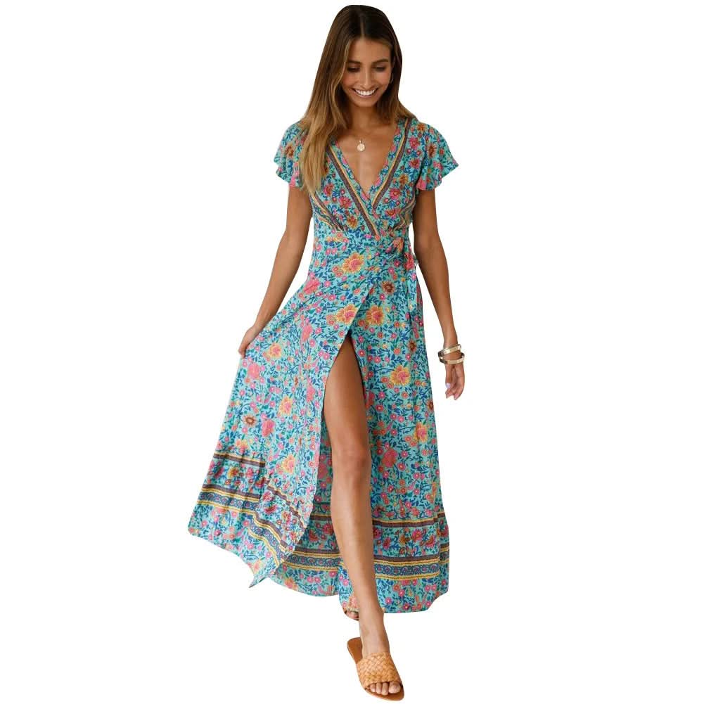 Robe longue fleurie romantique à col en V et coupe portefeuille – Élégance bohème estivale