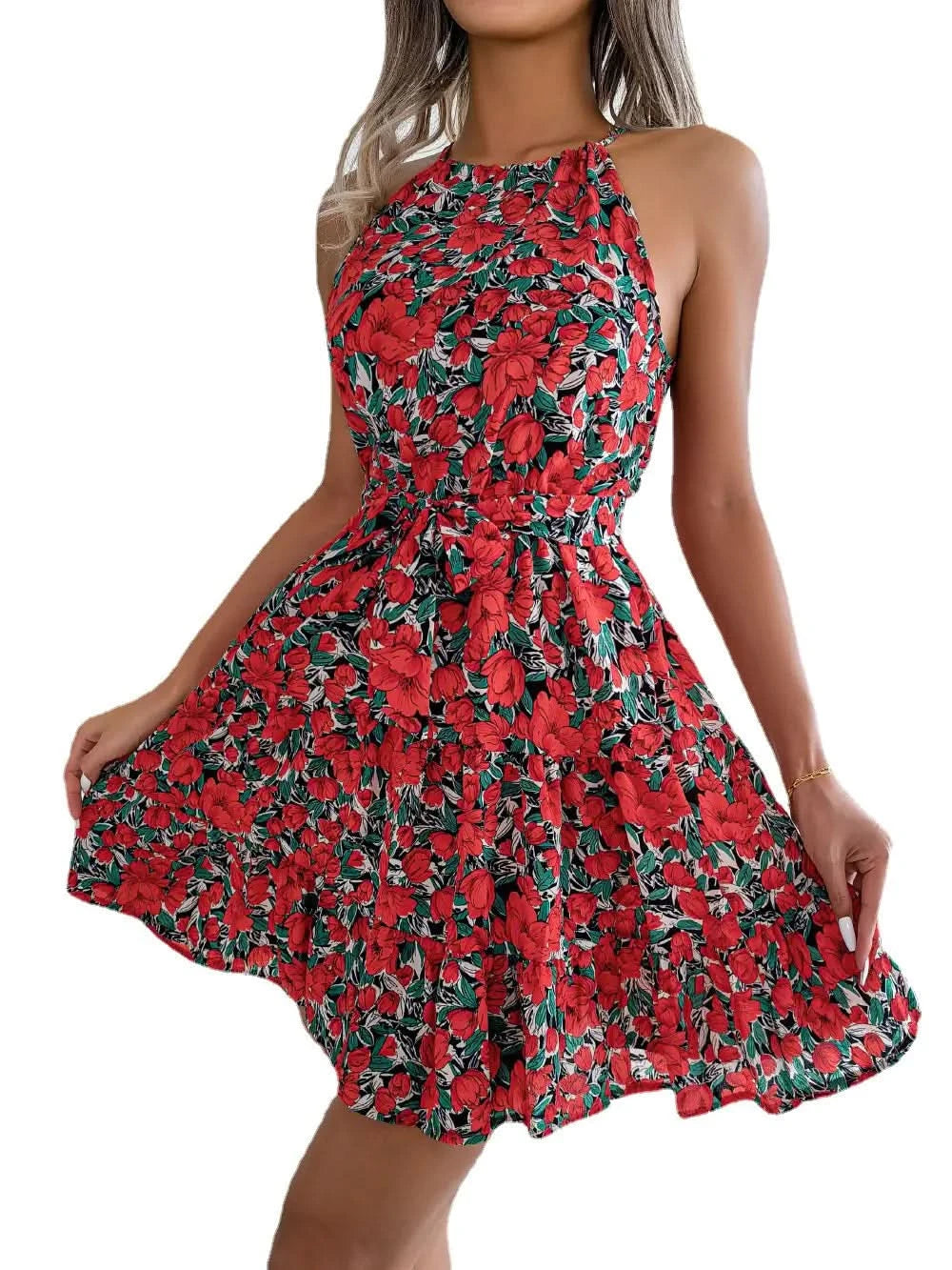 Robe fleurie décontractée à volants printemps-été