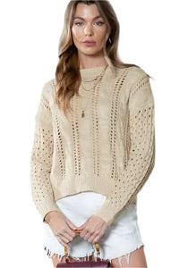 Full Size Openwork Cable-Knit Round Neck Knit Top-