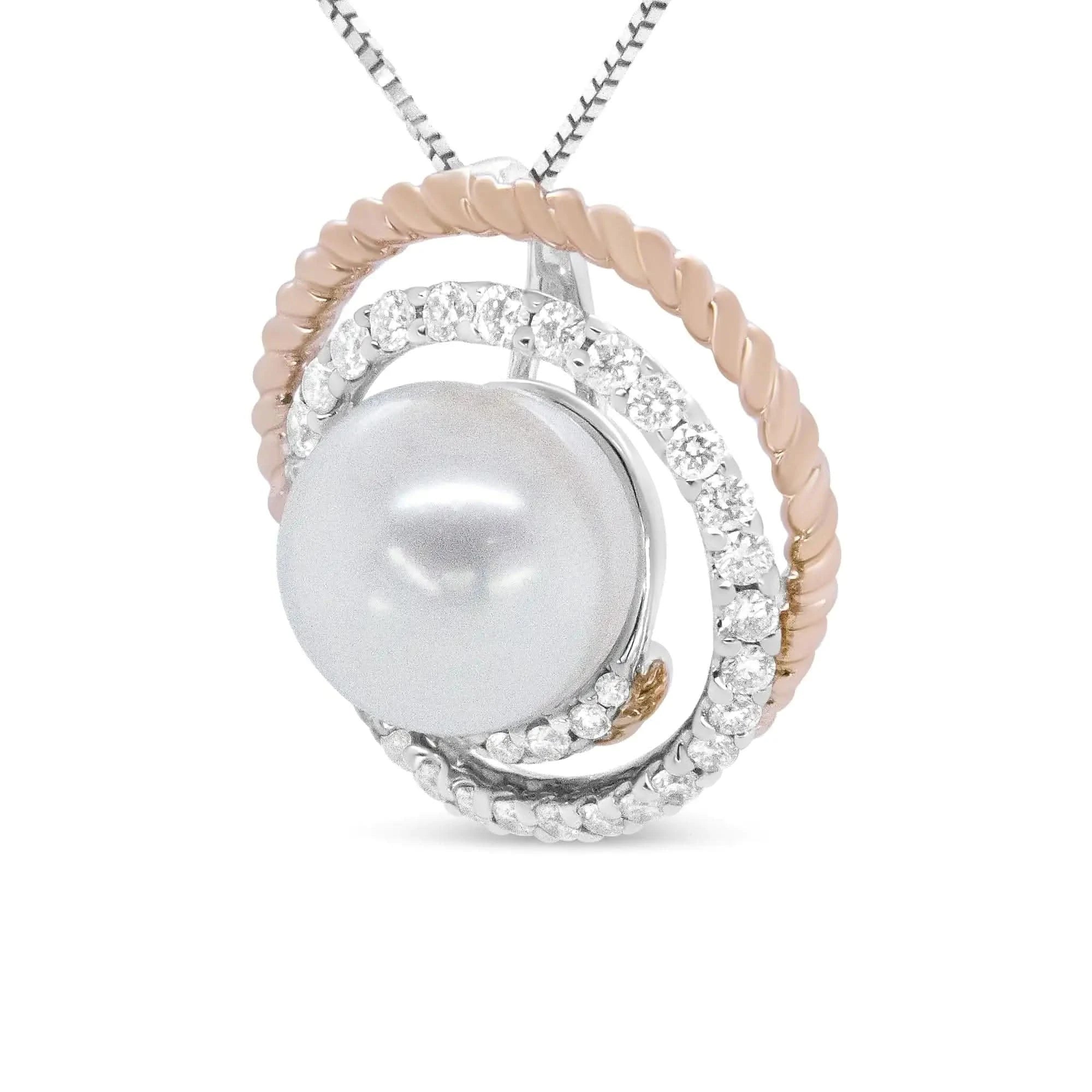 Collier pendentif ajouré en spirale, 45,7 cm, en or rose et blanc 14 carats, 3/8 ct, pavé de diamants et perles rondes de 9 mm (couleur HI, pureté VS1-VS2)