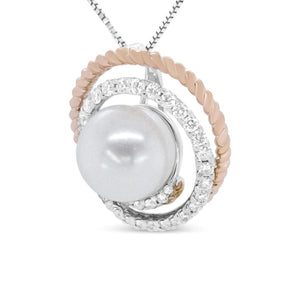 Collier pendentif ajouré en spirale, 45,7 cm, en or rose et blanc 14 carats, 3/8 ct, pavé de diamants et perles rondes de 9 mm (couleur HI, pureté VS1-VS2)