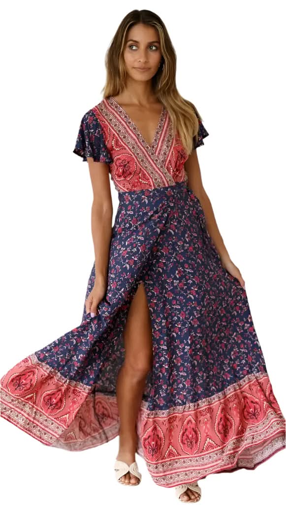 Robe longue fleurie romantique à col en V et coupe portefeuille – Élégance bohème estivale