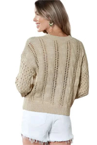 Full Size Openwork Cable-Knit Round Neck Knit Top-