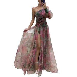 Mesh Tie-Dye Off-Shoulder Slit Dress