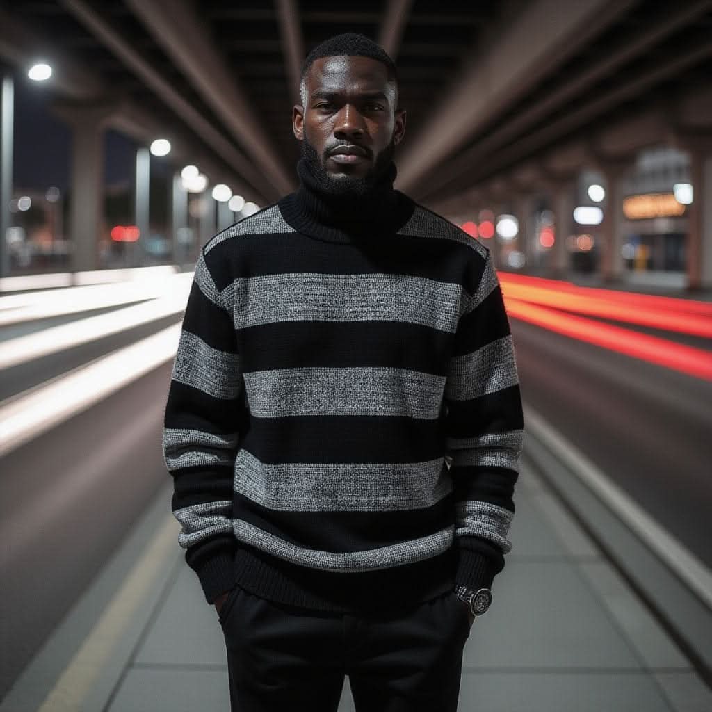Stripe Fit High-Neck Sweater – Men’s Slim-Fit Autumn & Winter Knit