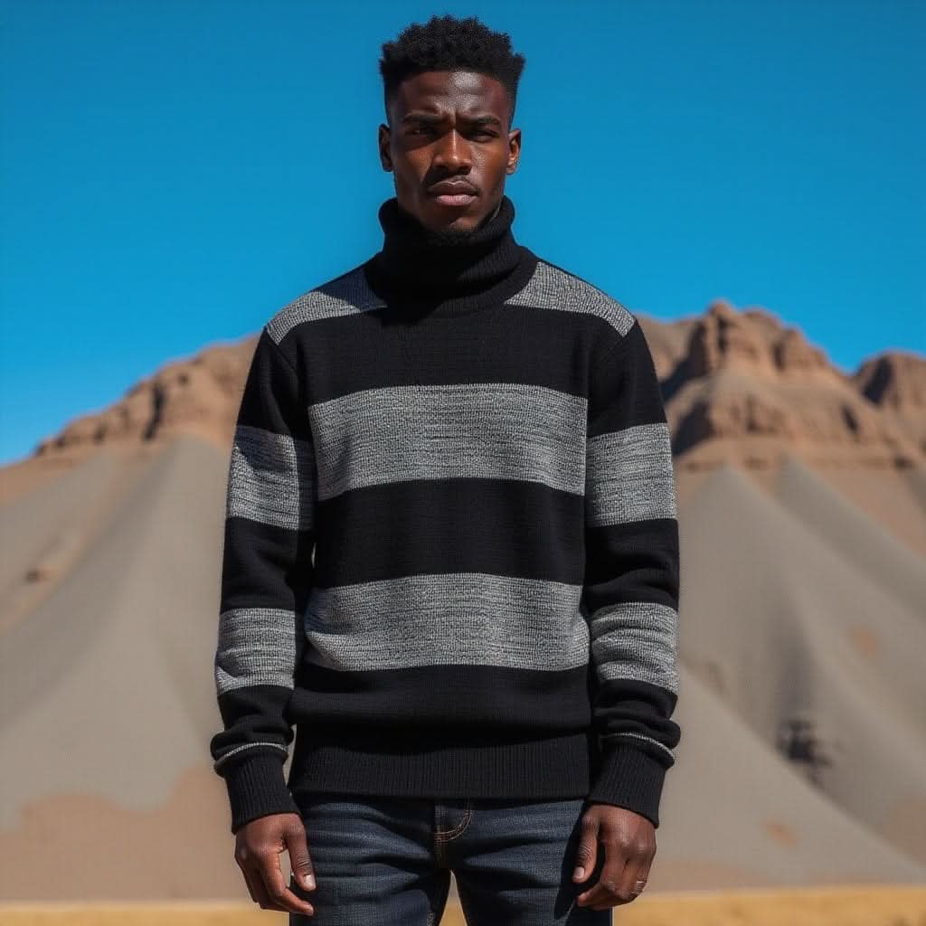 Stripe Fit High-Neck Sweater – Men’s Slim-Fit Autumn & Winter Knit