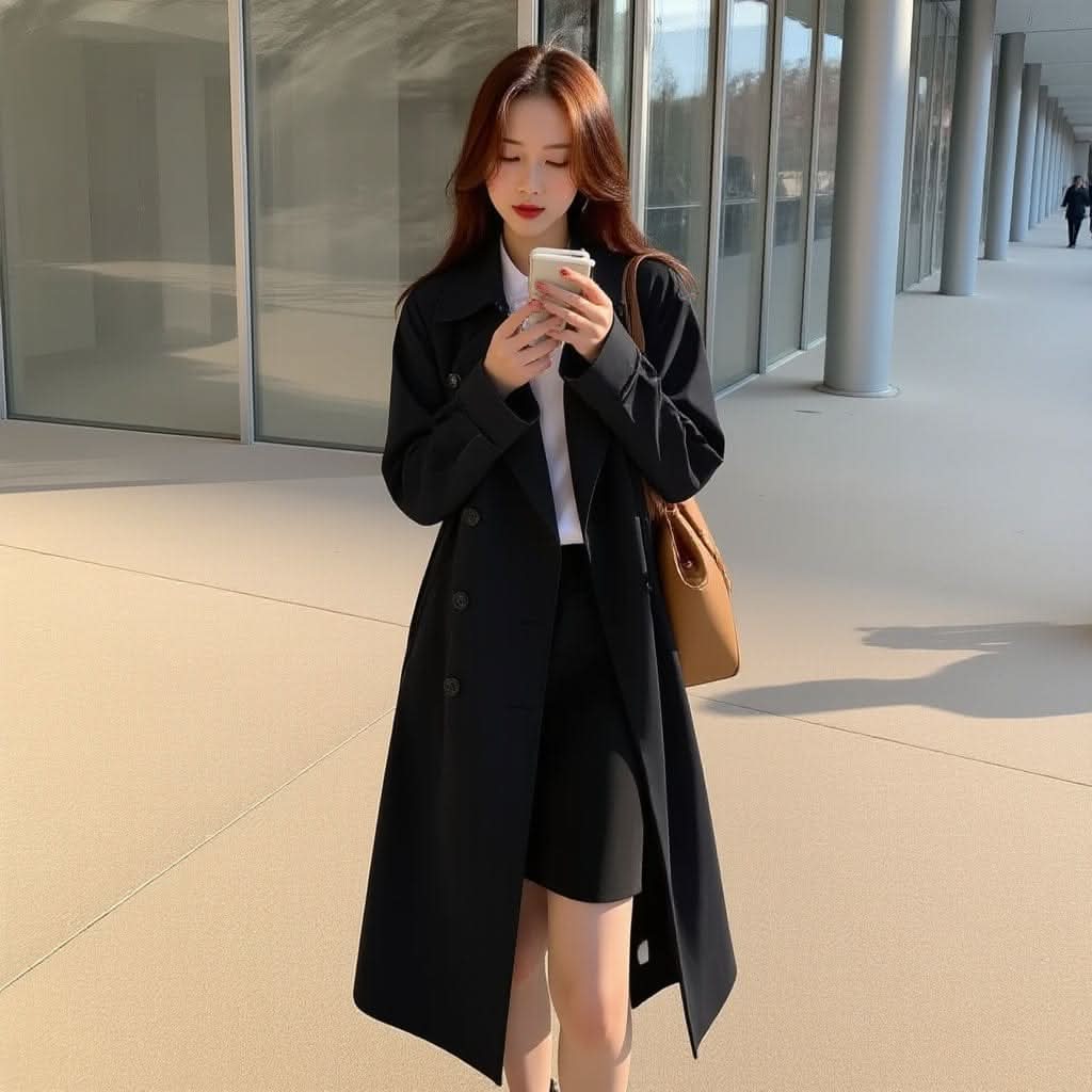 Streetwear Loose Trench Coat – Korean-Inspired Midi Windbreaker for Women