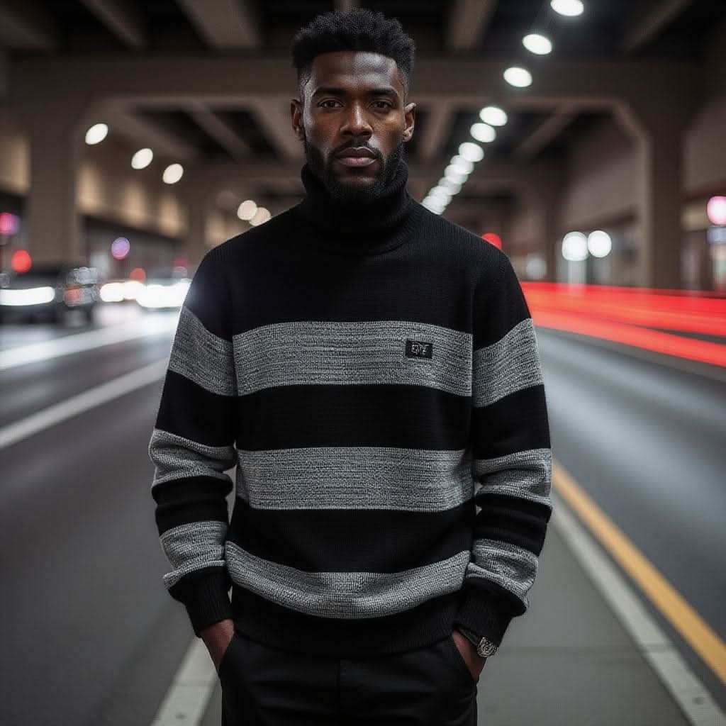 Stripe Fit High-Neck Sweater – Men’s Slim-Fit Autumn & Winter Knit