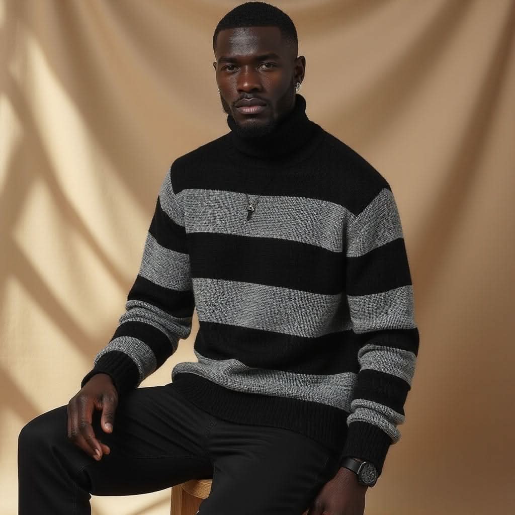 Stripe Fit High-Neck Sweater – Men’s Slim-Fit Autumn & Winter Knit