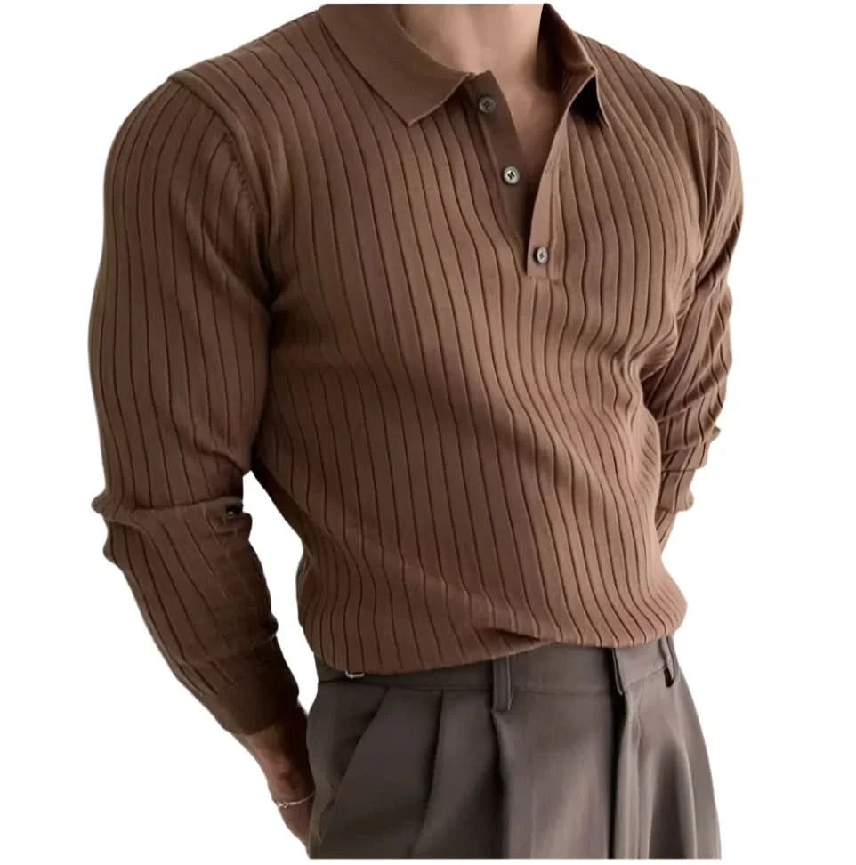 Polo à manches longues et revers pour homme, coupe slim, rayé et uni