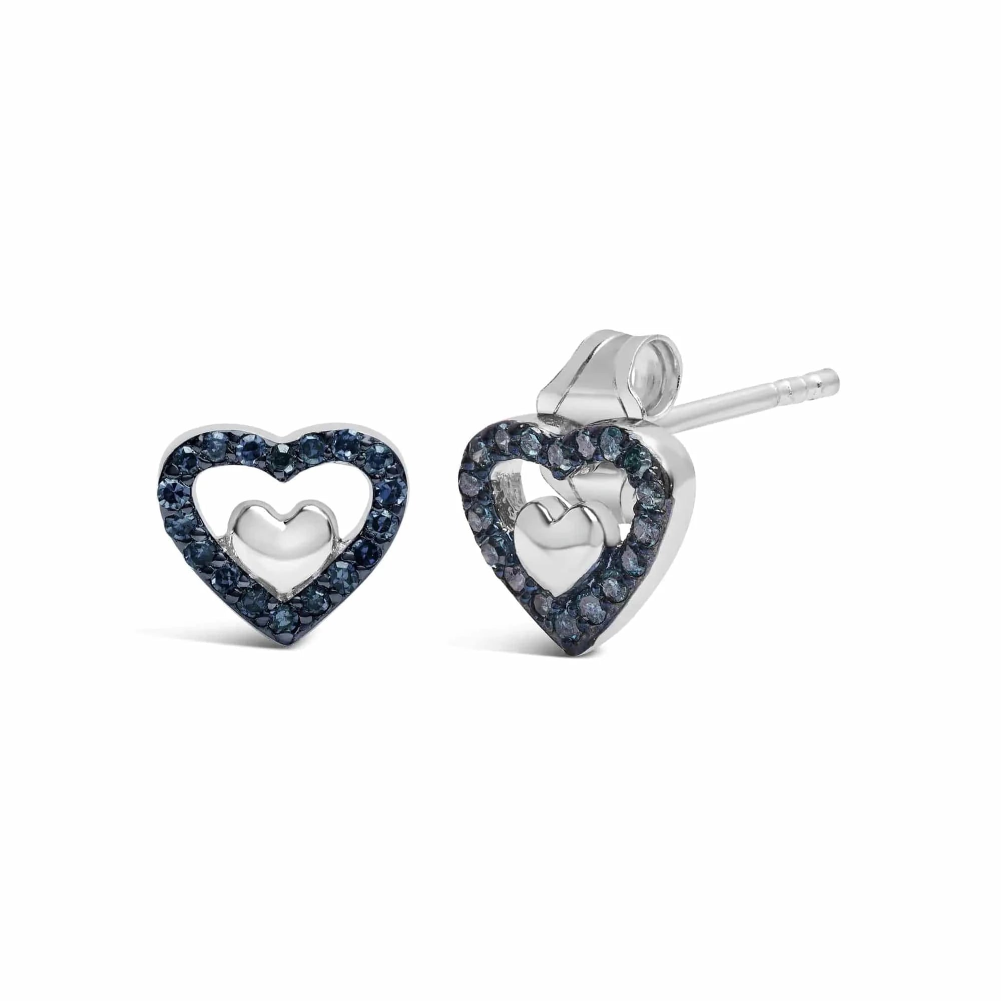 Boucles d'oreilles à tige en argent sterling 925 avec diamants de 1/6 ct et double cœur ouvert - Couleur de diamant au choix