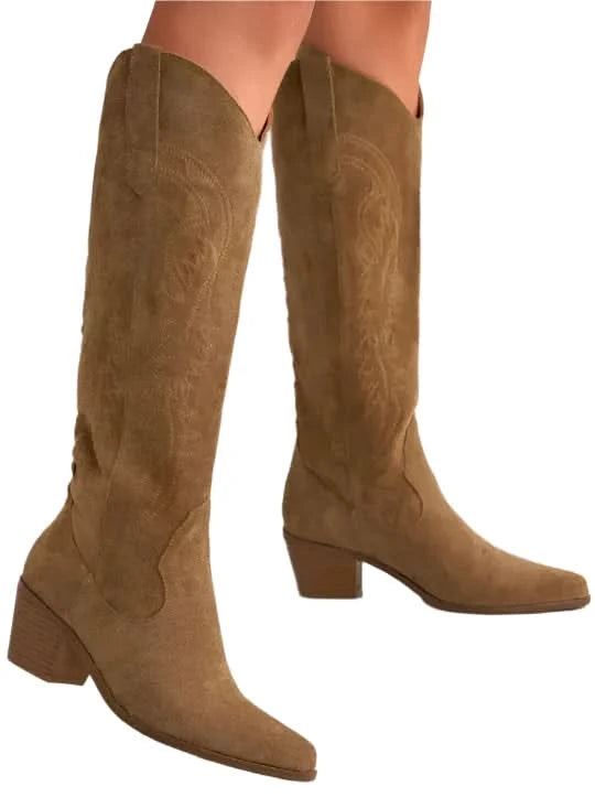Bottes hautes brodées – Talon épais, style à enfiler