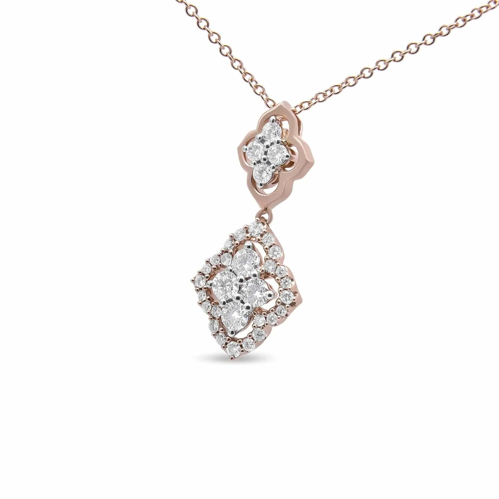 Collier avec pendentif double quadrilobe en or rose 14 carats, 3/4 ct, diamant rond, 45,7 cm (couleur HI, pureté I1-I2)