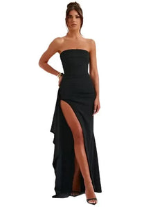 Strapless Asymmetrical High Split Maxi Dress