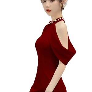 Robe de mariée de luxe rouge vin à col suspendu