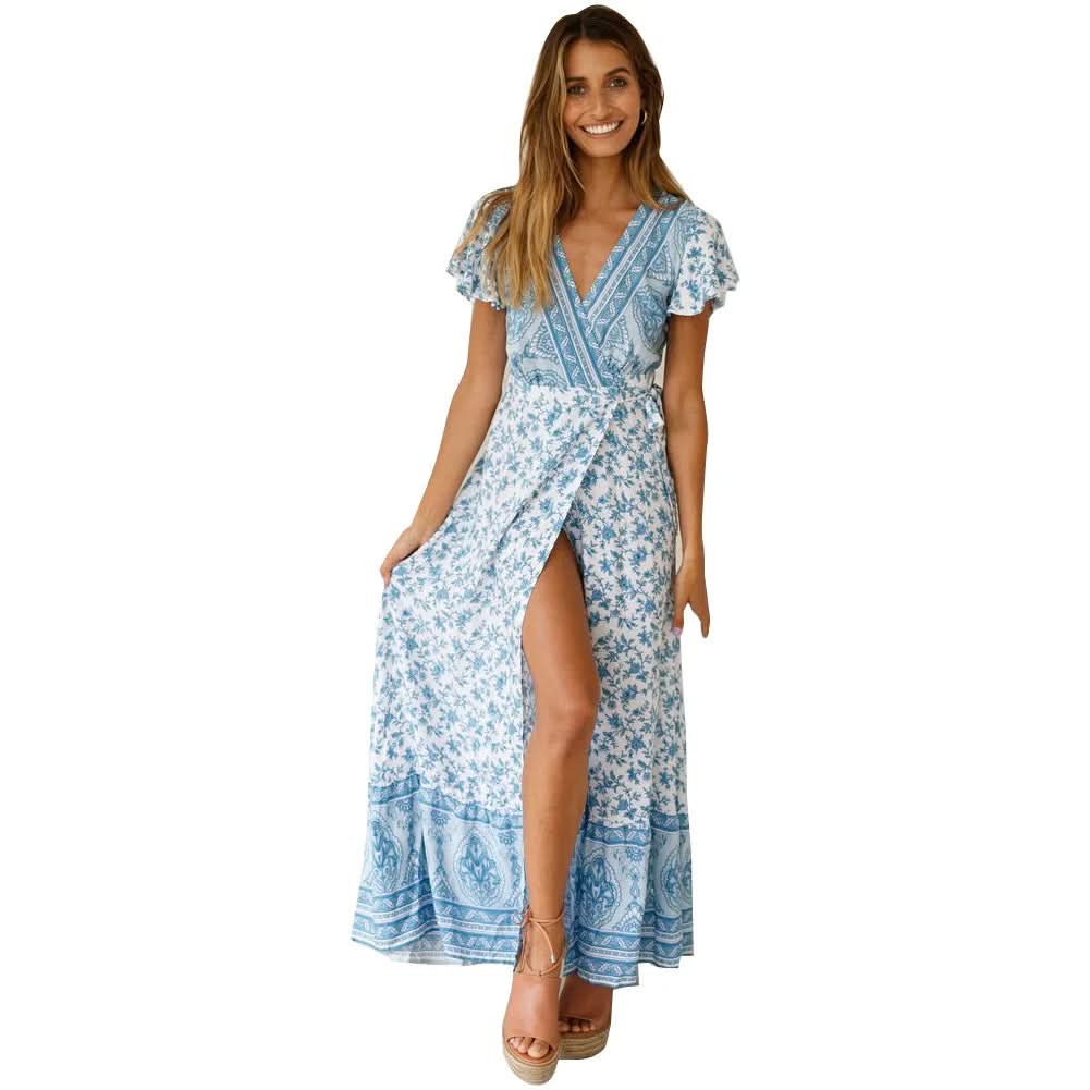 Robe longue fleurie romantique à col en V et coupe portefeuille – Élégance bohème estivale