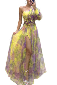 Mesh Tie-Dye Off-Shoulder Slit Dress