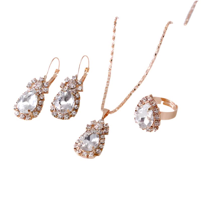 Ensemble collier, boucles d'oreilles et bague en strass goutte d'eau