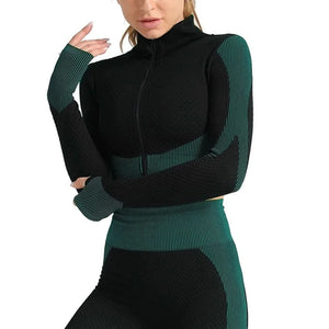 Ensemble de sport patchwork haut de gamme pour femme – Tenue de yoga en nylon respirant (haut et legging)