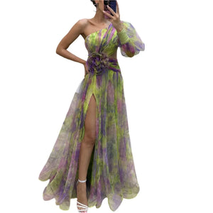 Mesh Tie-Dye Off-Shoulder Slit Dress