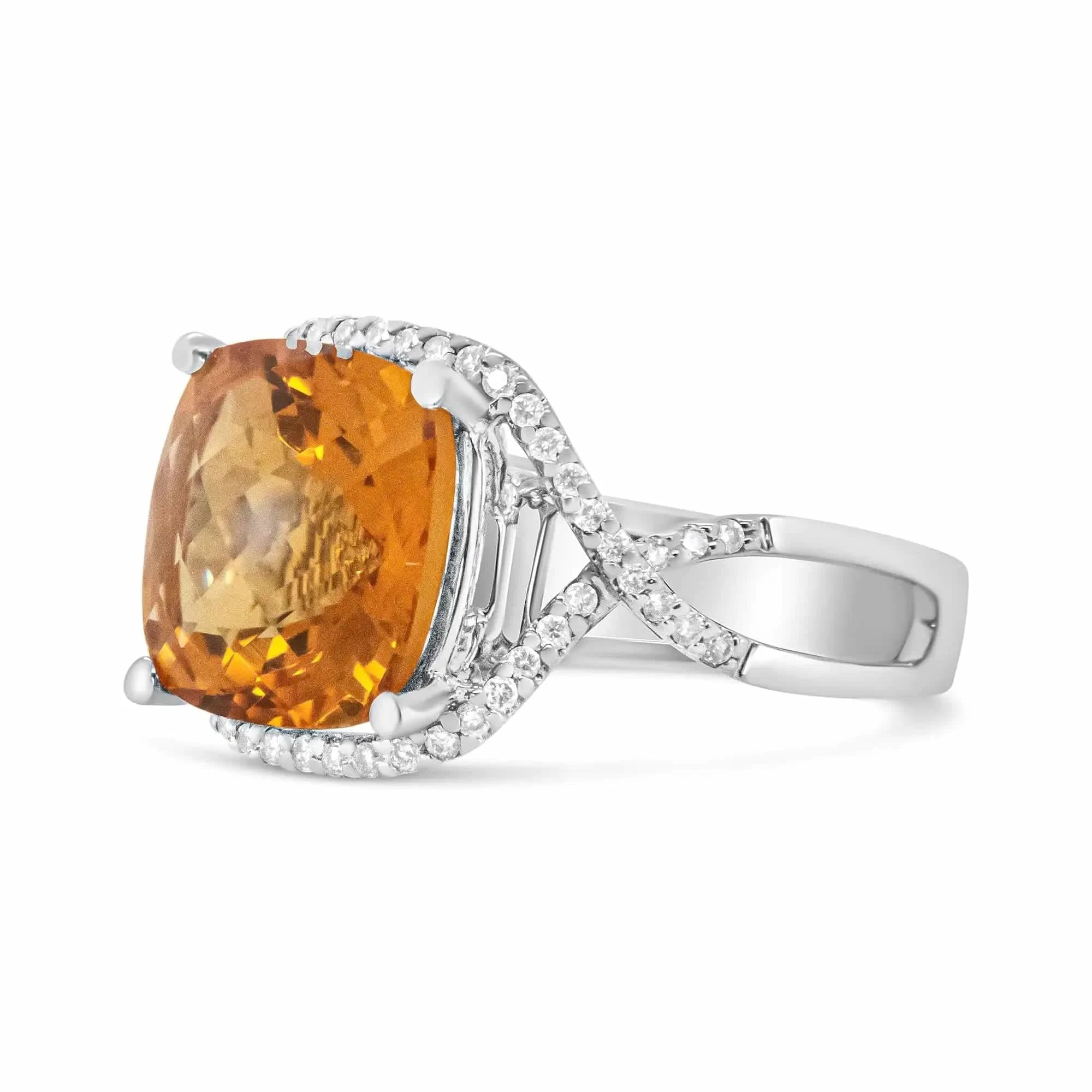 Bague en or blanc 14 carats, citrine jaune taille coussin de 12 mm et diamant rond pavé de 1/3 ct (couleur HI, pureté VS1-VS2)